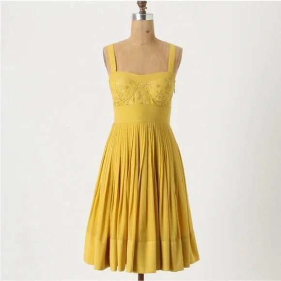 ANTHROPOLOGIE ANITA DONGRE Mustard Yellow Embroidered Pleated Dress 4 - Picture 2 of 3